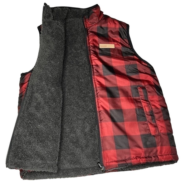 BUFFALO David Bitton Reversible Red Buffalo Plaid Fleece Vest Youth Size L 14/16 - Picture 1 of 16